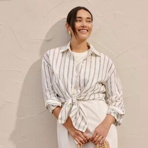 Everlane European Flax Linen Boyfriend Shirt Bone/Navy Striped SMALL